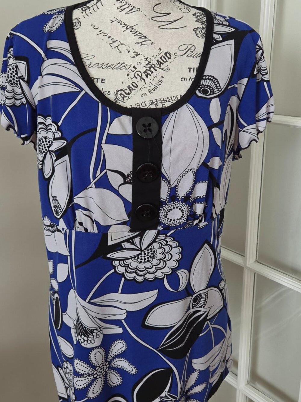 Cato L Cobalt Blue Floral Print Button Detail Flutter Sleeve Top